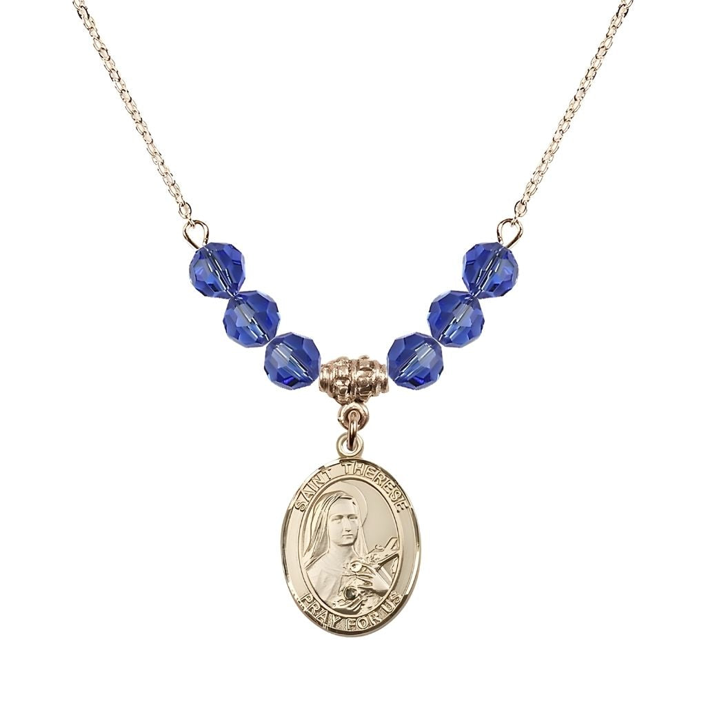 Bliss St. Therese of Lisieux Gold-filled Birthstone Necklace with 6mm Austrian crystal in sapphire beads