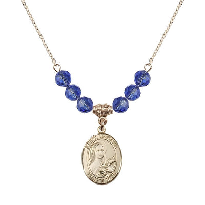St. Therese of Lisieux Gold-filled Birthstone Necklace with 6mm Austrian crystal in sapphire beads, Bliss Manufacturing