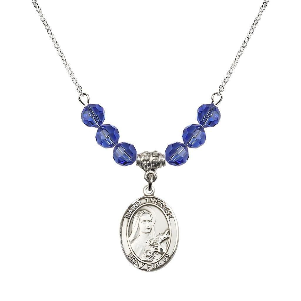 Bliss St. Therese of Lisieux Sterling Silver Medal and Birthstone 6mm Sapphire Crystal Necklace