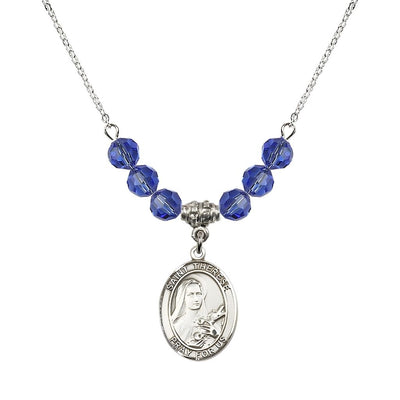 St. Therese of Lisieux Sterling Silver Medal and Birthstone 6mm Sapphire Crystal Necklace, Bliss Manufacturing