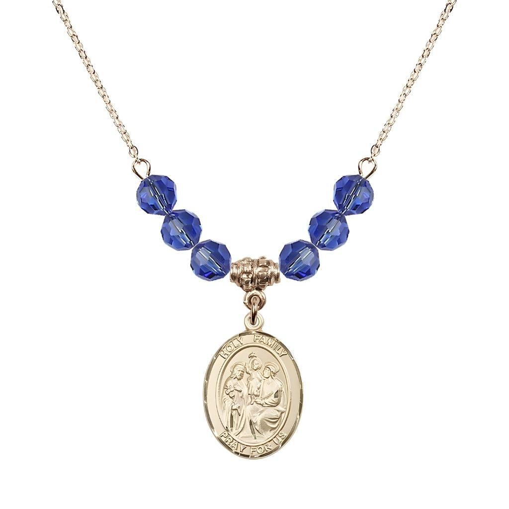 Bliss Holy Family Beaded Necklace with Gold-filled Medal, 6mm Austrian Crystal Sapphire Beads for September