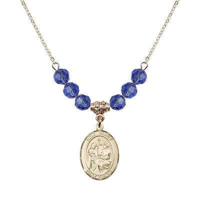 Holy Family Beaded Necklace with Gold-filled Medal, 6mm Austrian Crystal Sapphire Beads for September, Bliss Manufacturing