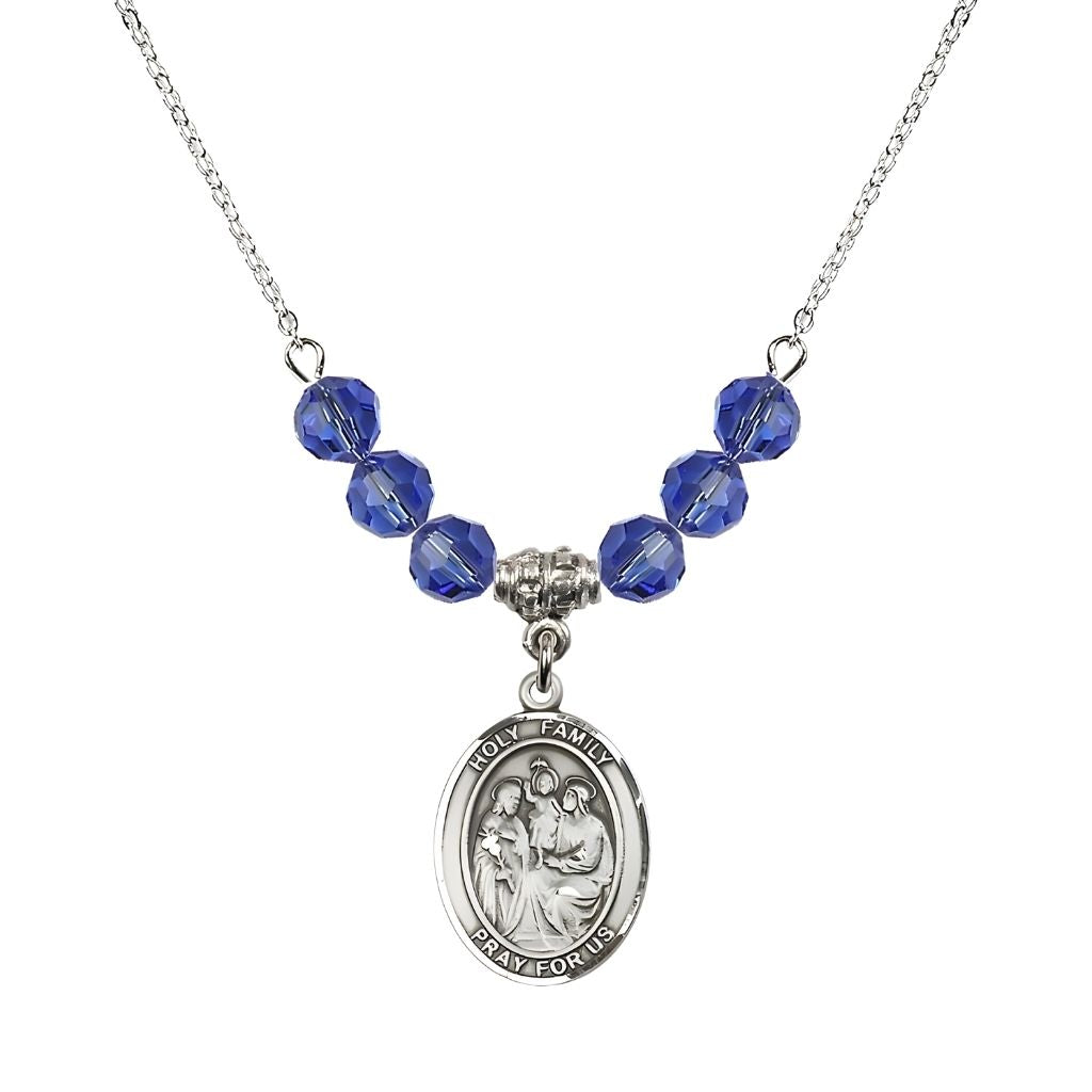 Bliss Holy Family Beaded Necklace with Sterling Silver Medal, 6mm Austrian Crystal Sapphire Beads for September