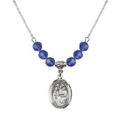 Holy Family Beaded Necklace with Sterling Silver Medal, 6mm Austrian Crystal Sapphire Beads for September, Bliss Manufacturing