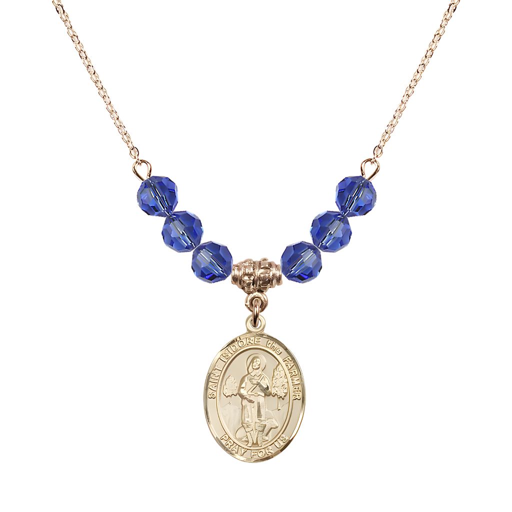 Bliss St. Isidore the Farmer Oval 14kt Gold-filled 6mm Sapphire Austrian Crystal Beaded Necklace, Measures 3/4 inch tall by 1/2-inch wide, Gift Box.