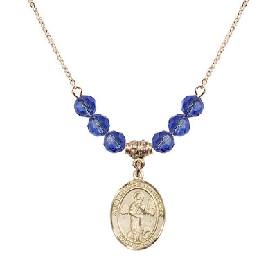 St. Isidore the Farmer Oval 14kt Gold-filled 6mm Sapphire Austrian Crystal Beaded Necklace, Measures 3/4 inch tall by 1/2-inch wide, Gift Box, Bliss Manufacturing