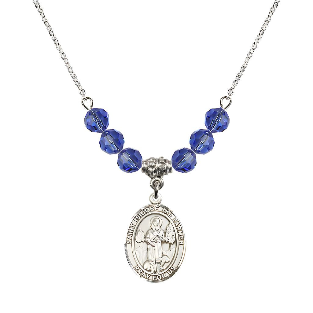 Bliss St. Isidore the Farmer Oval Sterling Silver 6mm Sapphire Austrian Crystal Beaded Necklace, Measures 3/4 inch tall by 1/2-inch wide, Gift Box.