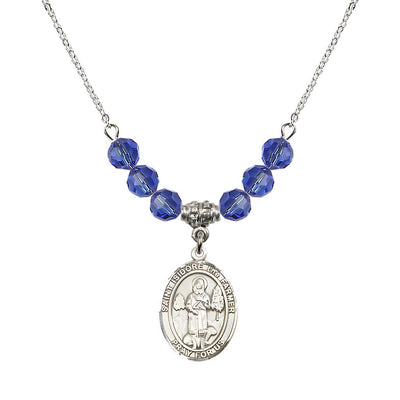 St. Isidore the Farmer Oval Sterling Silver 6mm Sapphire Austrian Crystal Beaded Necklace, Measures 3/4 inch tall by 1/2-inch wide, Gift Box, Bliss Manufacturing