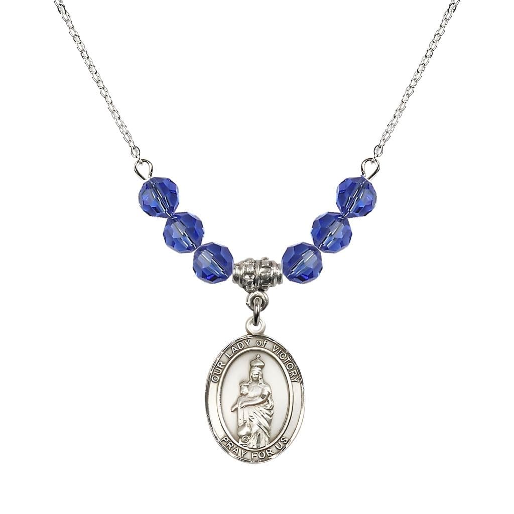 Bliss Our Lady of Victory Sterling Silver 6mm Sapphire Austrian Crystal Beaded Necklace with Plated Chain