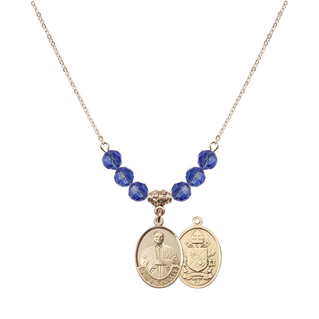 Bliss Pope Leo XIV Beaded Necklace with Gold-filled Medal, 6mm Austrian Crystal Sapphire Beads for September