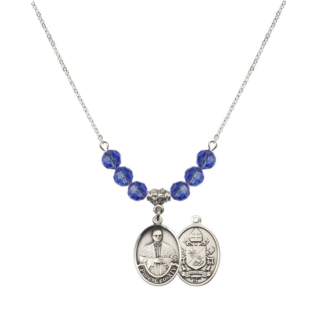 Bliss Pope Leo XIV Crystal Sterling Silver Medal Beaded Necklace with Sapphire Crystal Beads,