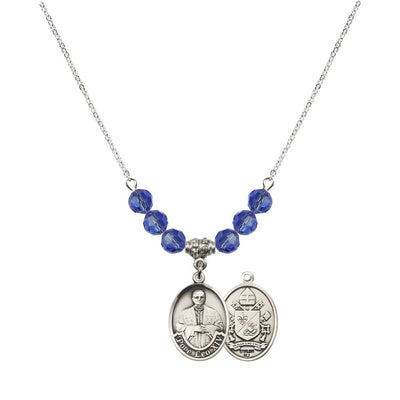 Pope Leo XIV Crystal Sterling Silver Medal Beaded Necklace with Sapphire Crystal Beads, Bliss Manufacturing