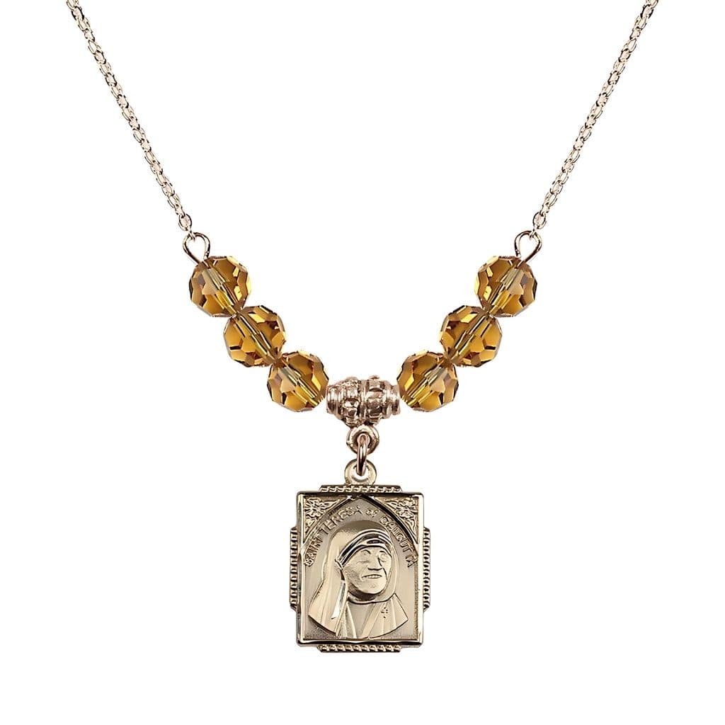 Bliss St. Teresa of Calcutta Square 14kt Gold-filled Topaz Crystal Birthstone Necklace,