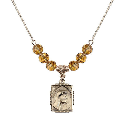 St. Teresa of Calcutta Square 14kt Gold-filled Topaz Crystal Birthstone Necklace, Bliss Manufacturing