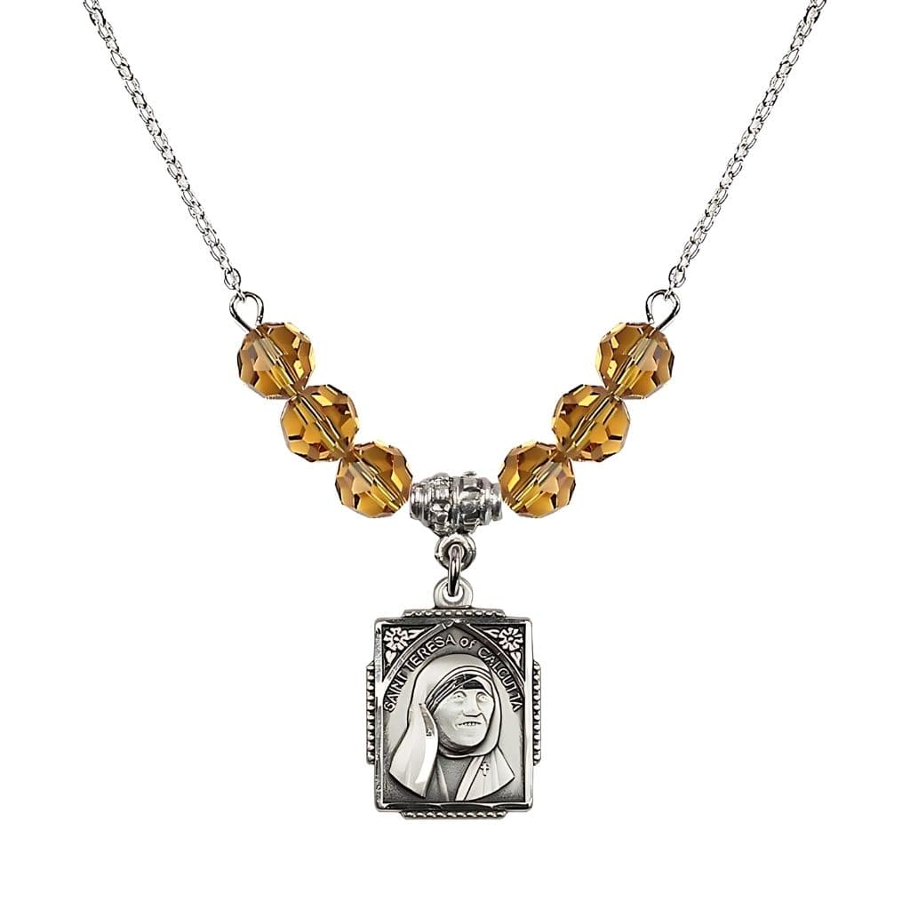 Bliss St. Teresa of Calcutta Square Sterling Silver Topaz Crystal Birthstone Necklace,