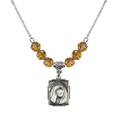 St. Teresa of Calcutta Square Sterling Silver Topaz Crystal Birthstone Necklace, Bliss Manufacturing