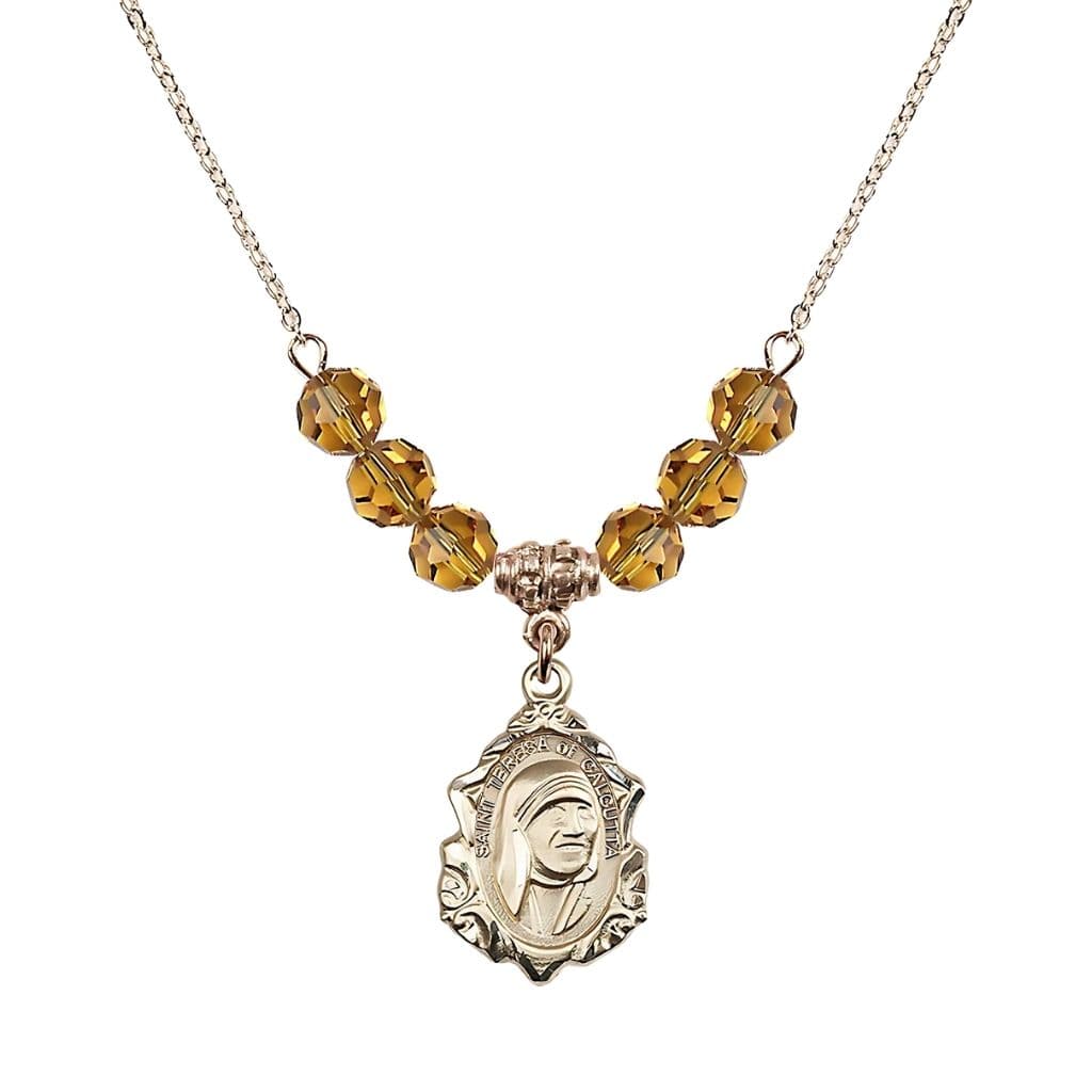 Bliss St. Teresa of Calcutta 14kt Gold-filled Crystal Birthstone Necklace with 6mm Topaz Crystal Beads