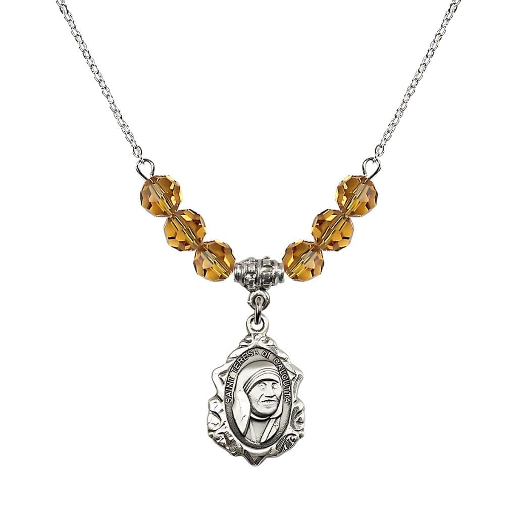 Bliss St. Teresa of Calcutta Sterling Silver Crystal Birthstone Necklace with 6mm Topaz Crystal Beads