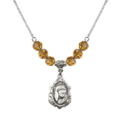St. Teresa of Calcutta Sterling Silver Crystal Birthstone Necklace with 6mm Topaz Crystal Beads, Bliss Manufacturing