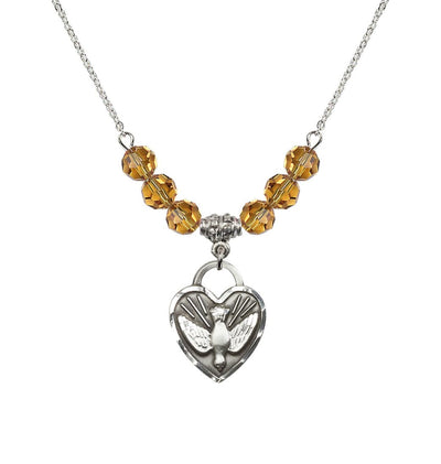 Dove Confirmation Heart Medal with 6mm Topaz Crystal Bead Necklace, 3/4 inch tall by 5/8 inch wide, Bliss Manufacturing