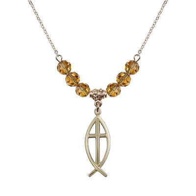 Fish Cross Crystal Topaz Birthstone Necklace with 18" Chain, Medal 1", Bliss Manufacturing
