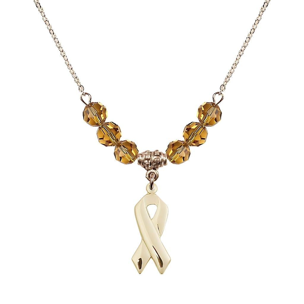 Bliss 14kt Gold-filled Cancer Awareness Ribbon Topaz Birthstone Crystal Beaded Necklace, Charm Measures 7/8 inch tall by 3/8 inch wide