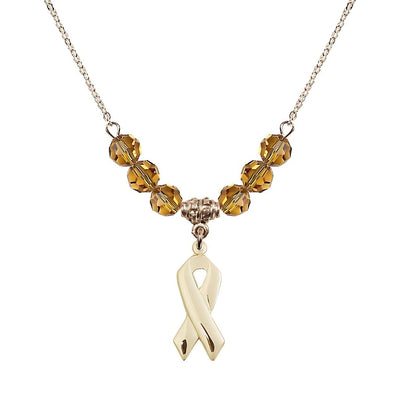 14kt Gold-filled Cancer Awareness Ribbon Topaz Birthstone Crystal Beaded Necklace, Charm Measures 7/8 inch tall by 3/8 inch wide, Bliss Manufacturing