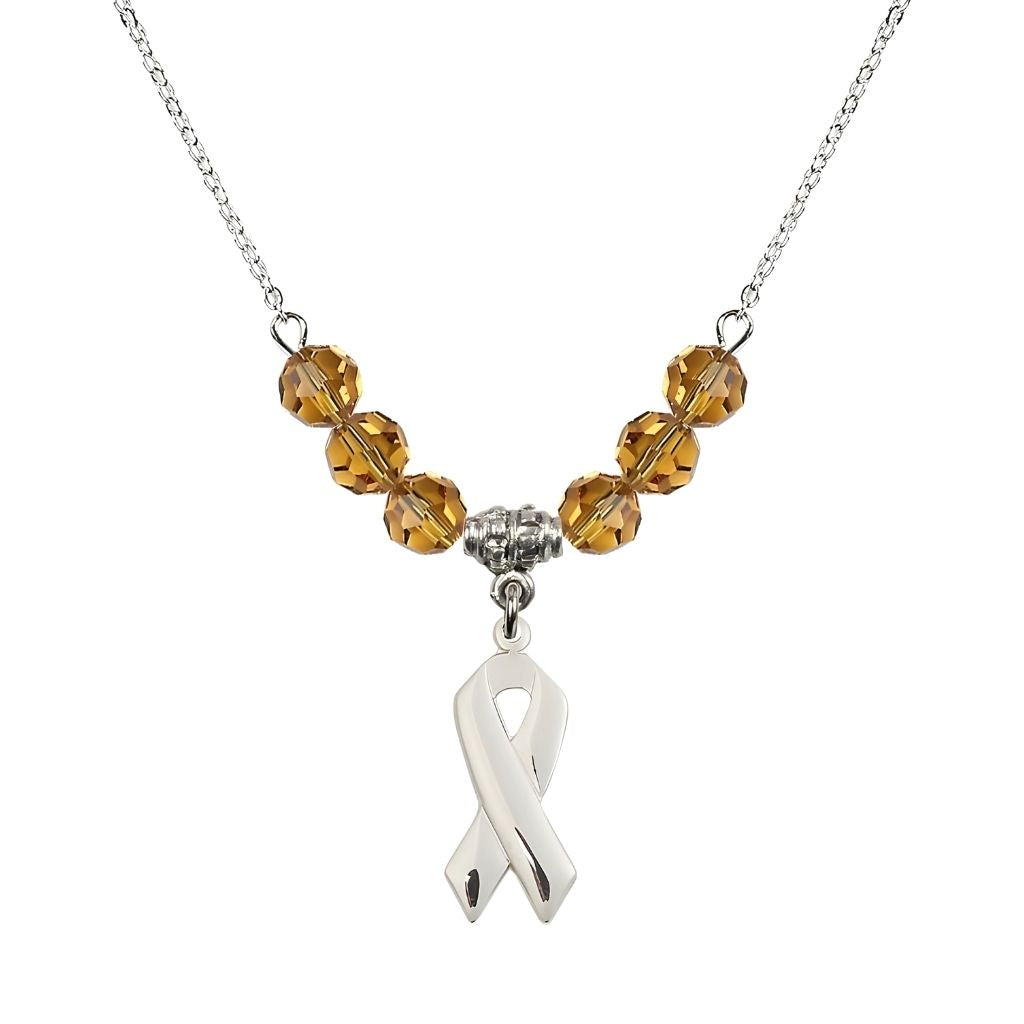 Bliss Sterling Silver Cancer Awareness Ribbon Topaz Birthstone Crystal Beaded Necklace, Charm Measures 7/8 inch tall by 3/8 inch wide
