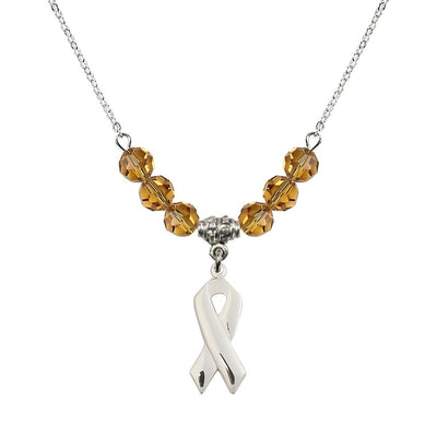 Sterling Silver Cancer Awareness Ribbon Topaz Birthstone Crystal Beaded Necklace, Charm Measures 7/8 inch tall by 3/8 inch wide, Bliss Manufacturing