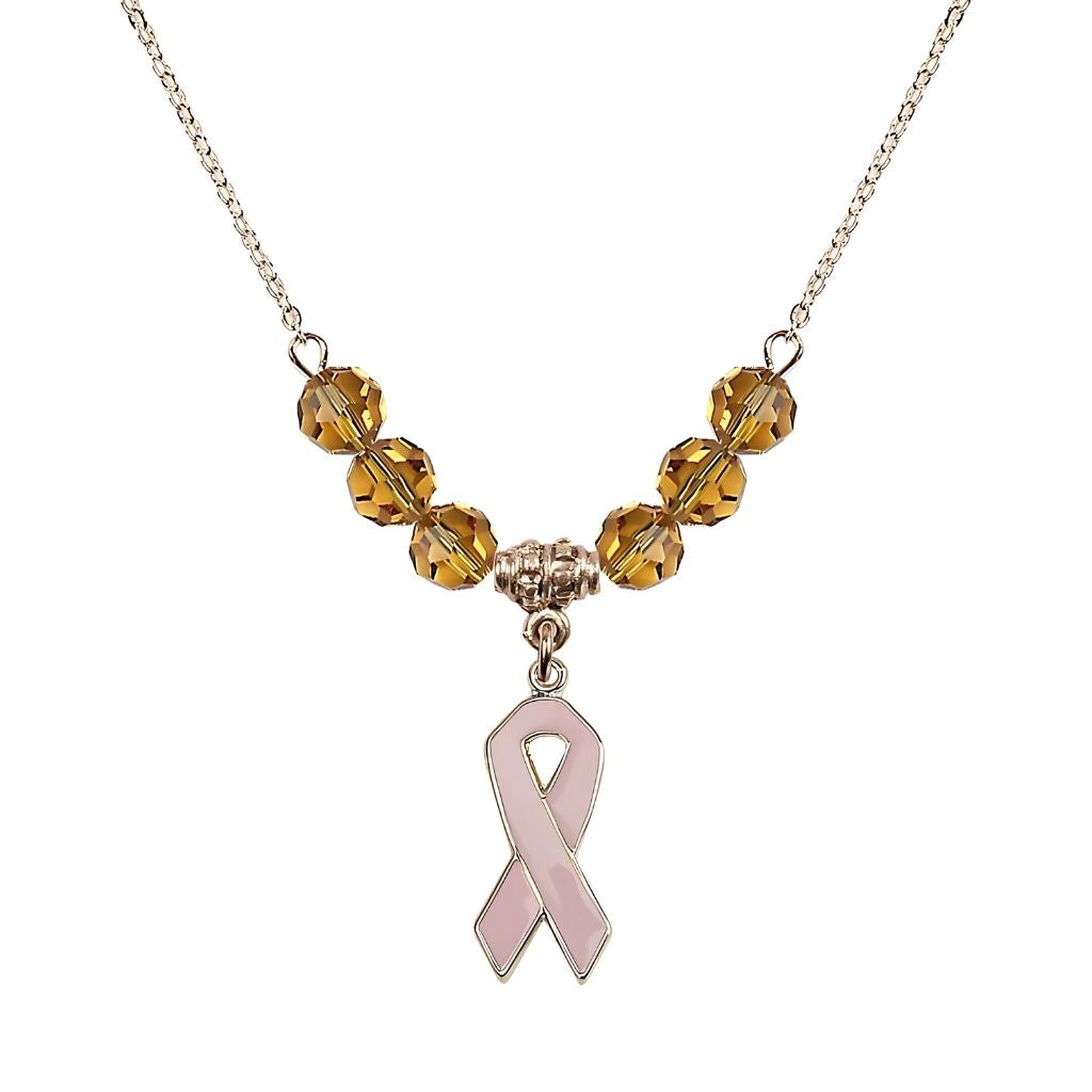Bliss Gold-filled Breast Cancer Awareness Pink Ribbon Topaz Crystal Beaded Necklace, Measures 7/8-inch tall by 1/4-inch wide