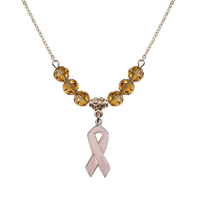 Gold-filled Breast Cancer Awareness Pink Ribbon Topaz Crystal Beaded Necklace, Measures 7/8-inch tall by 1/4-inch wide, Bliss Manufacturing
