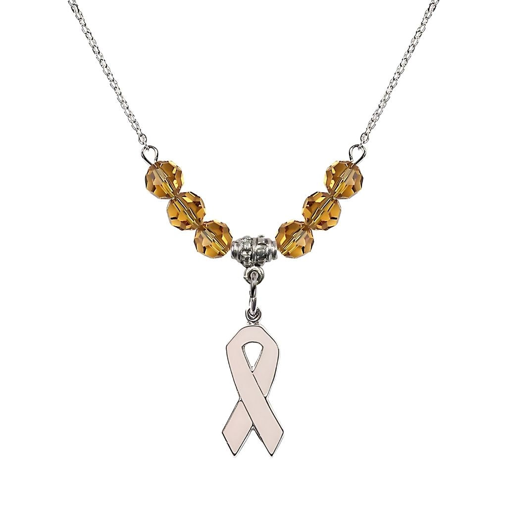 Bliss Sterling Silver Breast Cancer Awareness Pink Ribbon Topaz Crystal Beaded Necklace, Measures 7/8-inch tall by 1/4-inch wide