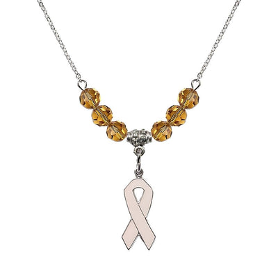 Sterling Silver Breast Cancer Awareness Pink Ribbon Topaz Crystal Beaded Necklace, Measures 7/8-inch tall by 1/4-inch wide, Bliss Manufacturing