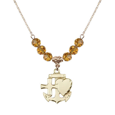 Christian Faith, Hope and Charity Gold-filled 6mm Topaz Crystal Birthstone Necklace, Bliss Manufacturing