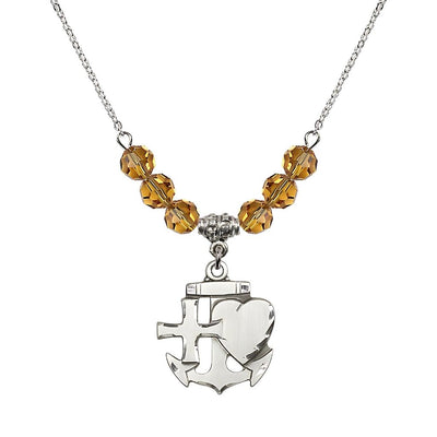 Christian Faith, Hope and Charity Sterling Silver 6mm Topaz Crystal Birthstone Necklace, Medal Measures 7/8-inch tall by 3/4-inch wide, Bliss Manufacturing
