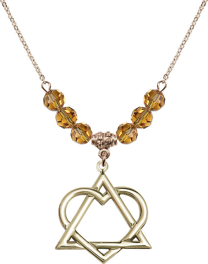 Hamilton Gold Plated Necklace with 6mm Rose Crystal Beads featuring a 14kt Gold Filled Adoption Heart,