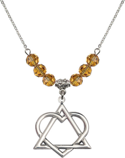 18" Rhodium Plated Necklace with 6mm Topaz Crystal Beads featuring a Sterling Silver Adoption Heart Medal, Bliss Manufacturing