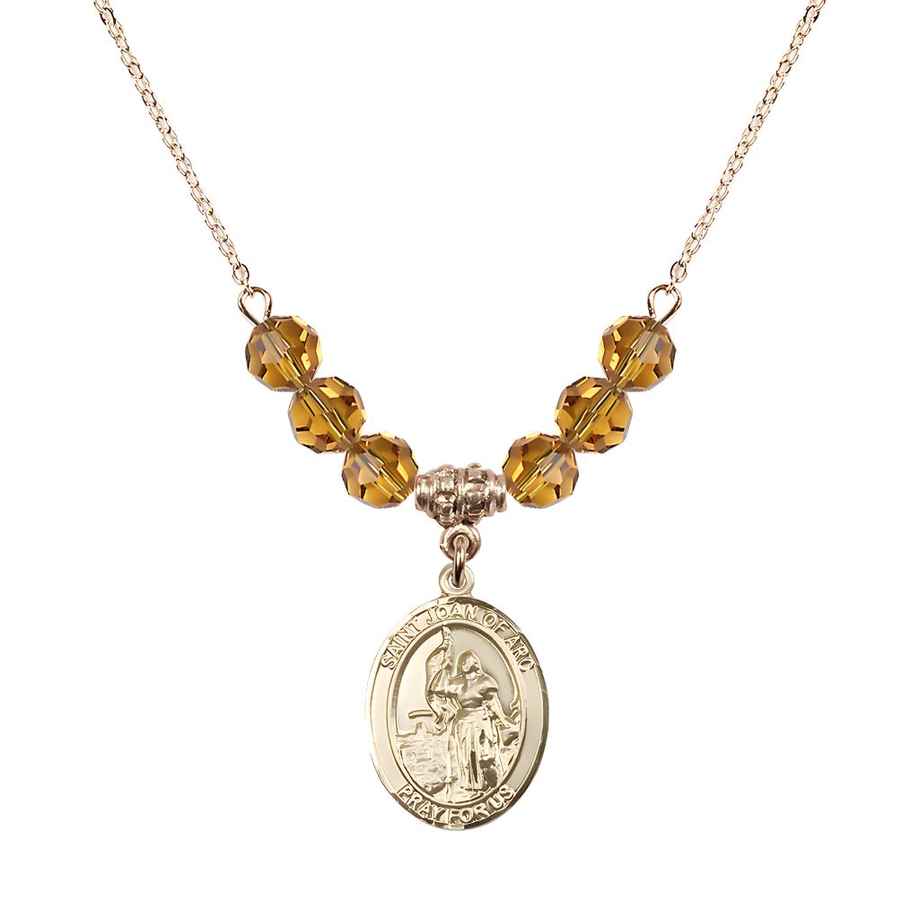 Bliss St. Joan of Arc Oval 14kt Gold-filled 6mm Topaz Austrian Crystal Beaded Necklace, Measures 3/4 inch tall by 1/2-inch wide, Gift Box.