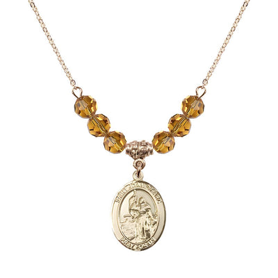 St. Joan of Arc Oval 14kt Gold-filled 6mm Topaz Austrian Crystal Beaded Necklace, Measures 3/4 inch tall by 1/2-inch wide, Gift Box, Bliss Manufacturing