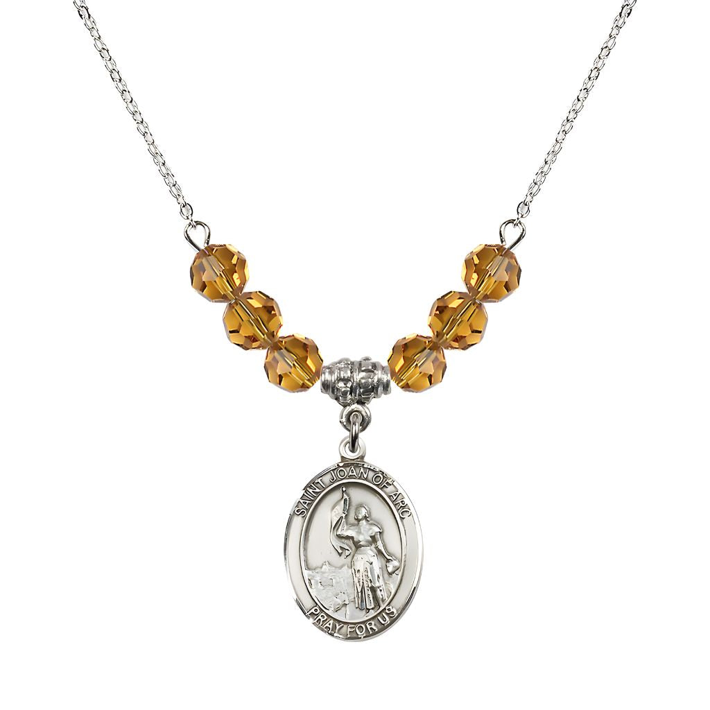Bliss St. Joan of Arc Oval Sterling Silver 6mm Topaz Austrian Crystal Beaded Necklace, Measures 3/4 inch tall by 1/2-inch wide, Gift Box.