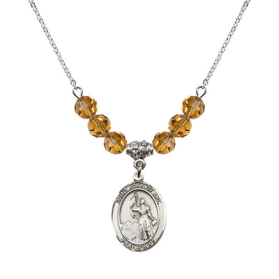 St. Joan of Arc Oval Sterling Silver 6mm Topaz Austrian Crystal Beaded Necklace, Measures 3/4 inch tall by 1/2-inch wide, Gift Box, Bliss Manufacturing