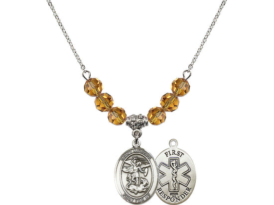 Bliss 1st Responder St Michael Sterling Silver Beaded Necklace in Topaz,