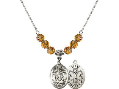 1st Responder St Michael Sterling Silver Beaded Necklace In Topaz, Bliss Manufacturing