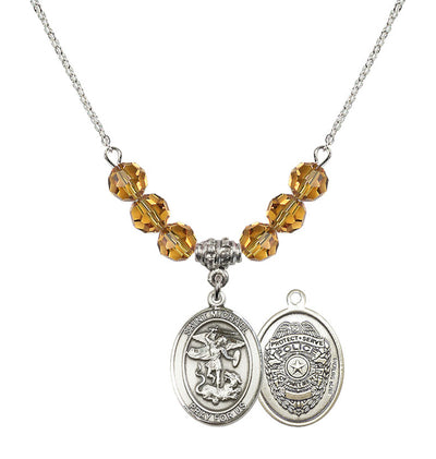 Police Officers St. Michael Sterling Silver 6mm Topaz Beaded Necklace, Measures 3/4 inch tall by 1/2-inch wide, Gift Box, Bliss Manufacturing