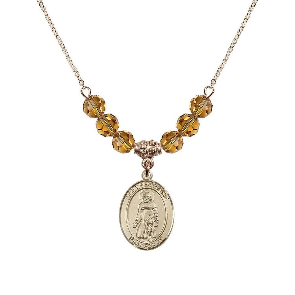 Bliss Our Lady of Fatima 14kt Gold-filled 6mm Topaz Beaded Necklace, Measures 3/4 inch tall by 1/2-inch wide, Gift Box