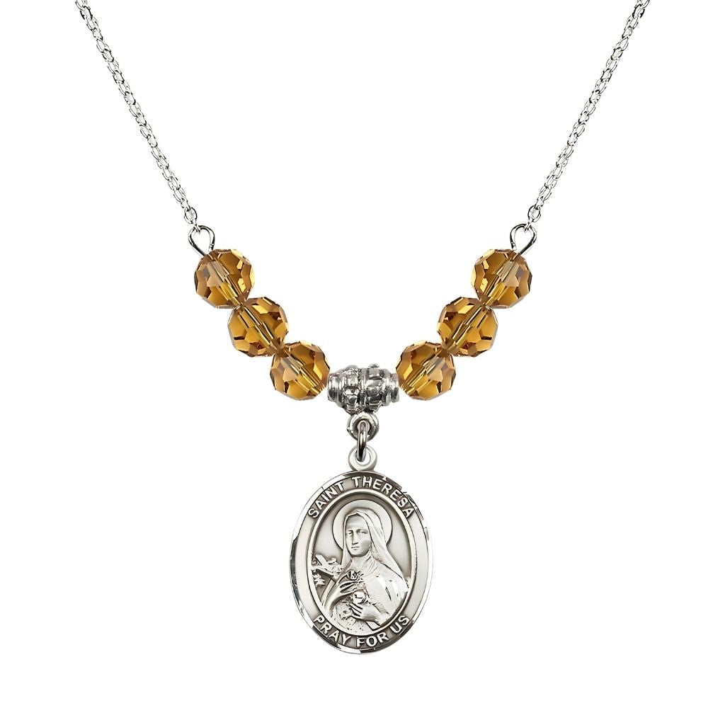 Bliss St. Theresa Sterling Silver Crystal Necklace, handcrafted in the USA, Birthstone 6mm Austrian Crystals in Topaz