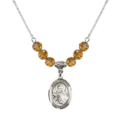 St. Theresa Sterling Silver Crystal Necklace, handcrafted in the USA, Birthstone 6mm Austrian Crystals in Topaz, Bliss Manufacturing