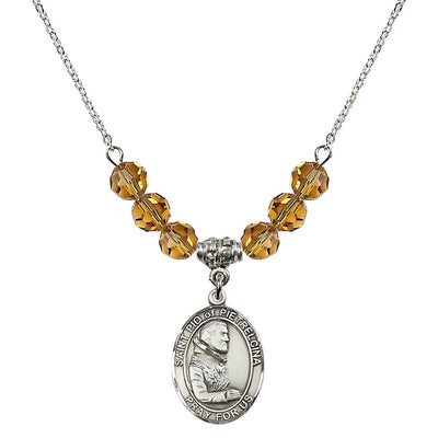 Sterling Silver St. Padre Pio of Pietrelcina Topaz Crystal Birthstone Necklace, Bliss Manufacturing