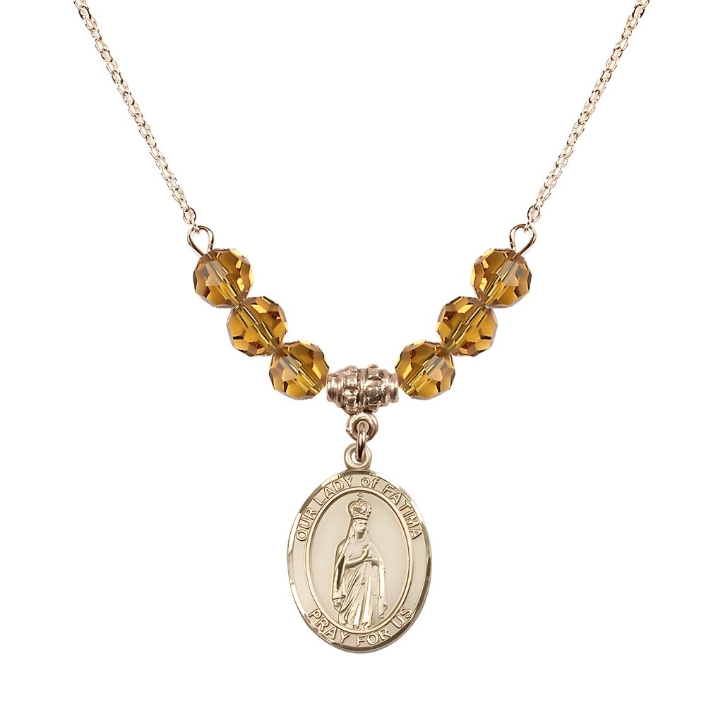 Bliss Our Lady of Fatima Gold-filled 6mm Topaz Beaded Necklace, Measures 3/4 inch tall by 1/2-inch wide, Gift Box