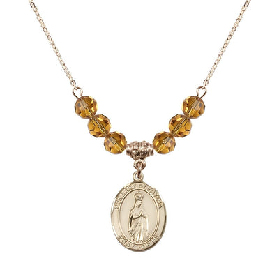 Our Lady of Fatima Gold-filled 6mm Topaz Beaded Necklace, Measures 3/4 inch tall by 1/2-inch wide, Gift Box, Bliss Manufacturing